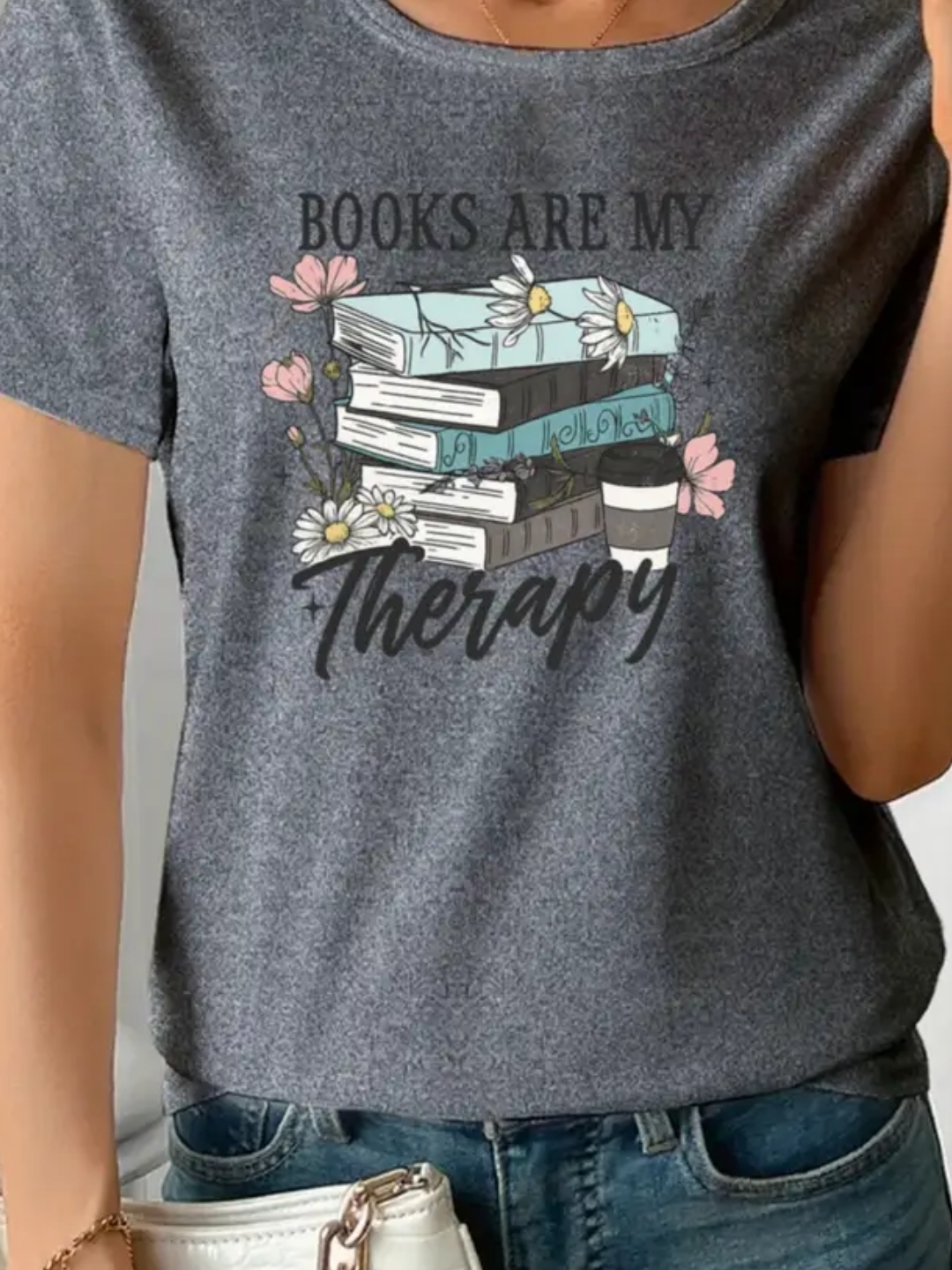 Books Are My Therapy Graphic Tee - Heather Charcoal With Pastel Accents